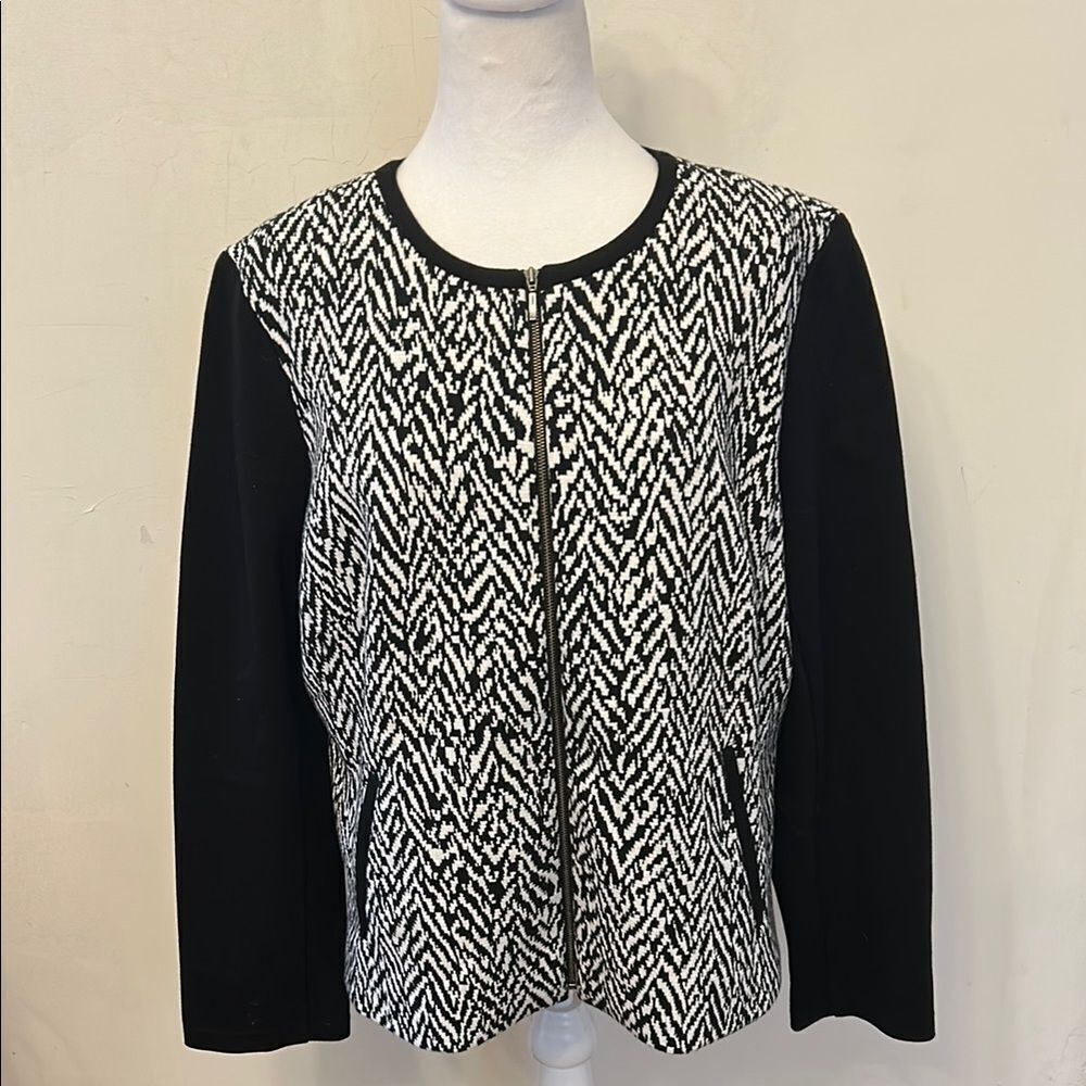 Talbots Black and White Long sleeve Patterned Zip-Up Jacket Size 16 EUC
